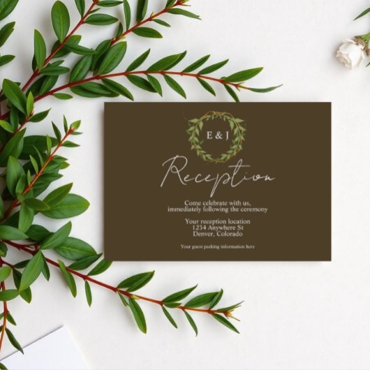Botanical Wreath Earth Tone Wedding Reception Informatiekaartje