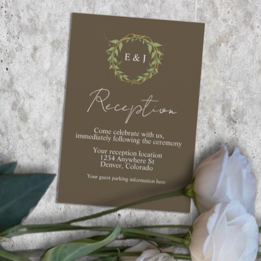 Botanical Wreath Earth Tone Wedding Reception Informatiekaartje