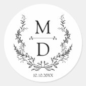 botanical wreath initials monogram wedding elegant ronde sticker (Voorkant)