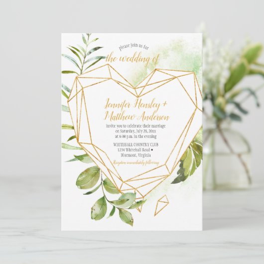 Botanicals Gouden Hart-Vormig Crystal Wedding Kaart (Staand voorkant)