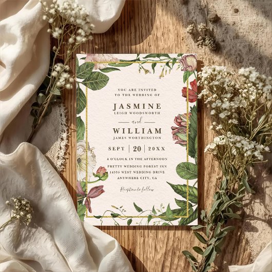 Botanicals Greenery Rustic Vintage QR Code Wedding Kaart