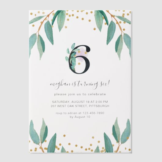 Botanisch 6e Verjaardagsfeest Vellum Uitnodigingen (Voorkant)