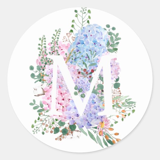 Botanisch alfabet M hortensia bloemen Ronde Sticker (Voorkant)