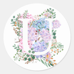 Botanisch alfabet u hortensia bloemen ronde sticker