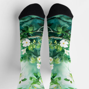 Botanisch Aquarel Witte Bloesems Groene Bladeren Sokken