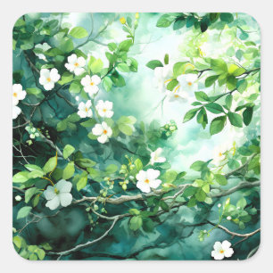 Botanisch aquarel Witte bloesems Groene bladeren Vierkante Sticker