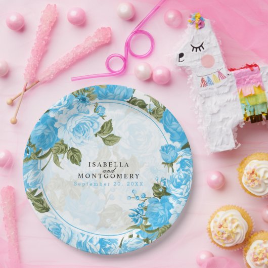 Botanisch Baby Blauw Bloemen Ontwerp Papieren Bordje (Feest)