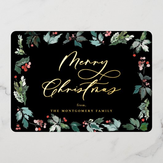 Botanisch Berry Lijst Festive kerstscript Folie Feestdagenkaart (Voorkant)