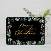 Botanisch Berry Lijst Festive kerstscript Folie Feestdagenkaart (Staand Voorkant)