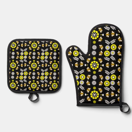 Botanisch Bij Bloem Motief Ovenwant & Pannenlap Set (Voorkant)