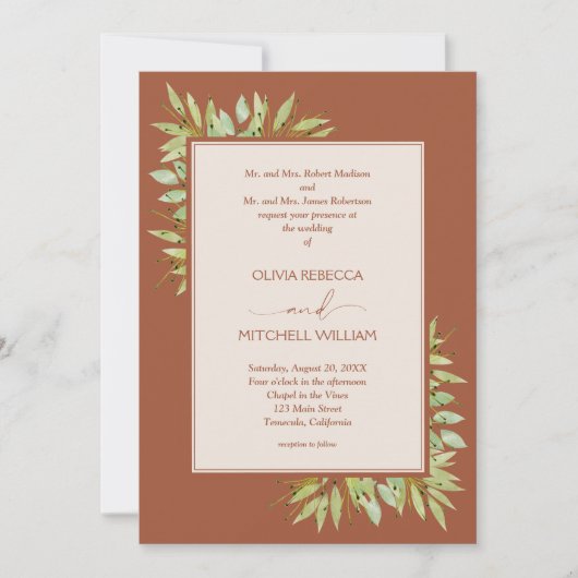 Botanisch blad terracotta bruiloft kaart (Voorkant)