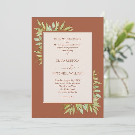 Botanisch blad terracotta bruiloft kaart (Staand voorkant)