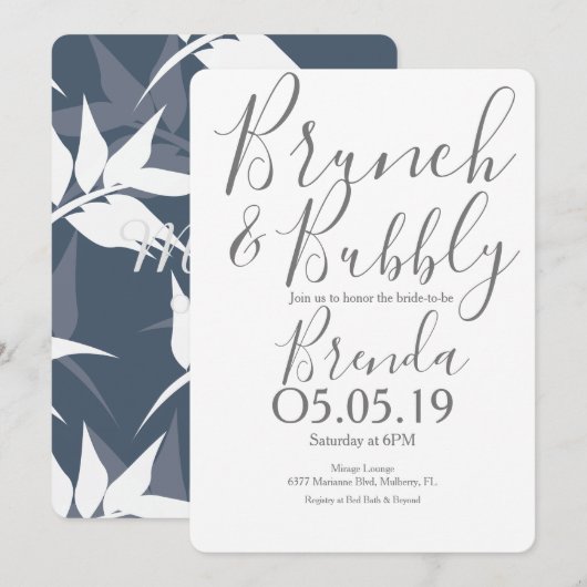 Botanisch bladpatroon Navy Blauwe Brunch Bruiloft Kaart (Voorkant / Achterkant)