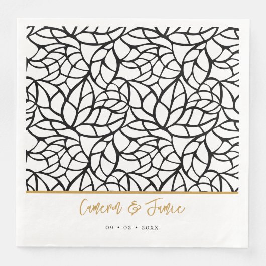Botanisch Bladpatroon Voornamen Datum Bruiloft Servet (Voorkant)