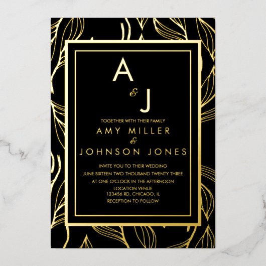 Botanisch bladwerk goud zwart  Persen   Folie Uitnodiging (Voorkant)