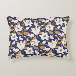 Botanisch Blauw Beige Lelie Bloemenpatroon Accent Kussen