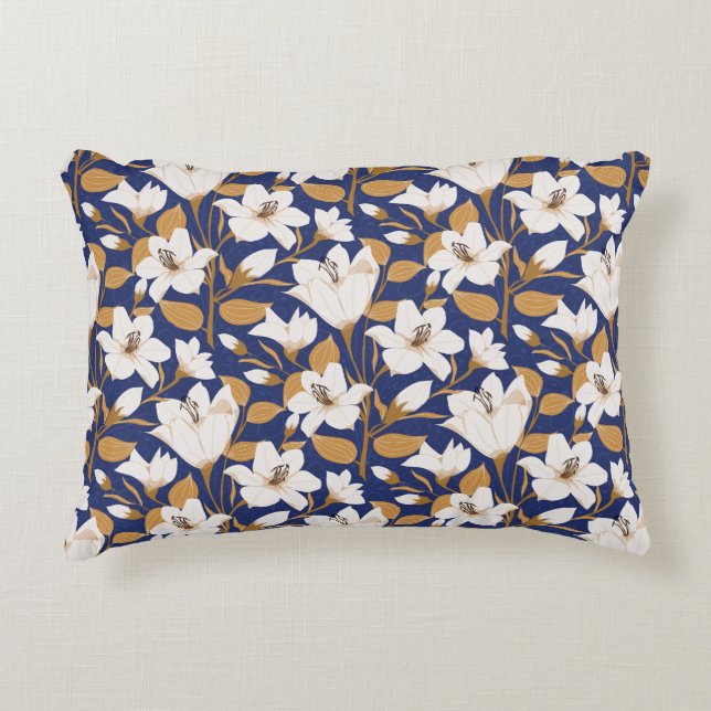 Botanisch Blauw Beige Lelie Bloemenpatroon Accent Kussen (Voorkant)
