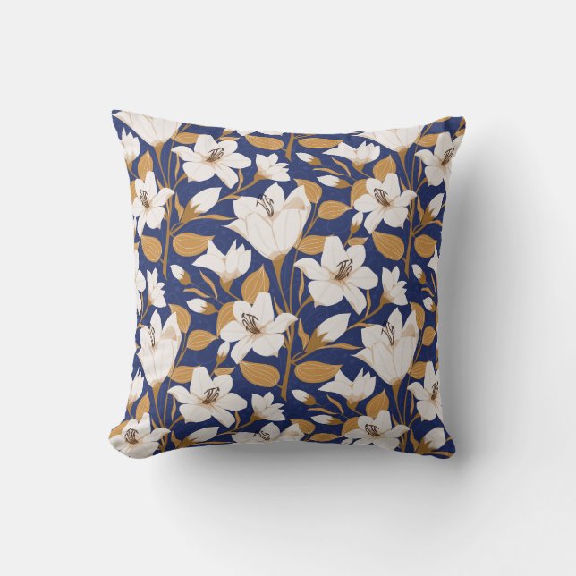 Botanisch Blauw Beige Lelie Bloemenpatroon Kussen (Voorkant)