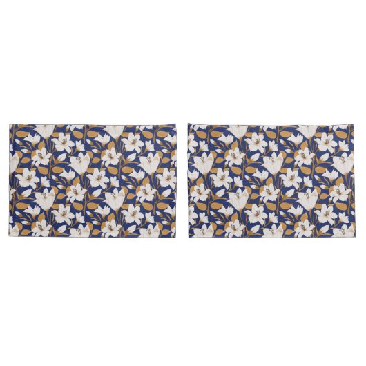 Botanisch Blauw Beige Lelie Bloemenpatroon Kussensloop (Achterkant-Set)