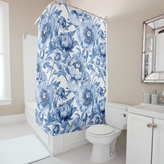 Botanisch Blauw Bloemen Delicate Porseleinen Bloem Douchegordijn (In situ)