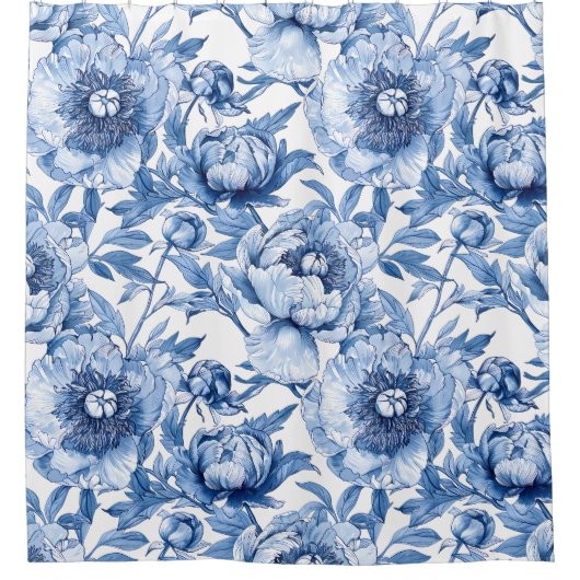 Botanisch Blauw Bloemen Delicate Porseleinen Bloem Douchegordijn (Voorkant)