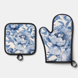 Botanisch Blauw Bloemen Delicate Porseleinen Bloem Ovenwant & Pannenlap Set