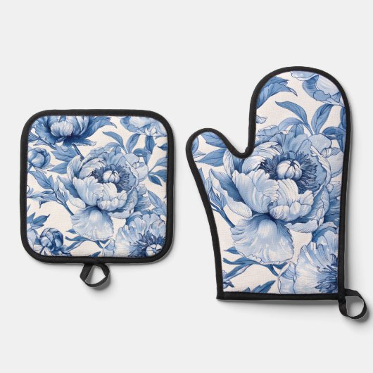 Botanisch Blauw Bloemen Delicate Porseleinen Bloem Ovenwant & Pannenlap Set (Voorkant)