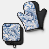 Botanisch Blauw Bloemen Delicate Porseleinen Bloem Ovenwant & Pannenlap Set (Voorkant / Achterkant)