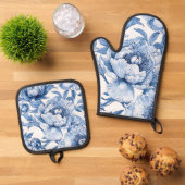 Botanisch Blauw Bloemen Delicate Porseleinen Bloem Ovenwant & Pannenlap Set (Top down)