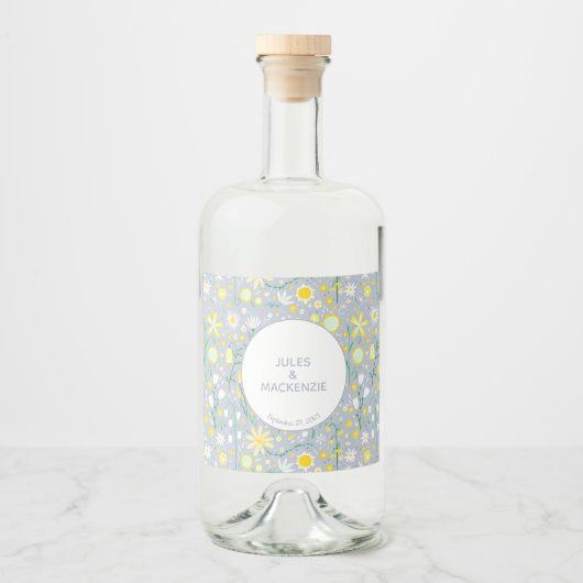 Botanisch blauw bloemenpatroon likeurfles etiket (Voorkant)