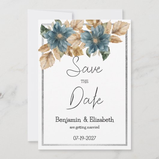 Botanisch blauw bruin zilveren bloemmotief Save th Kaart (Voorkant)