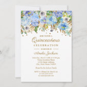 Botanisch Blauw Goud Bloemen Quinceanera Kaart (Voorkant)