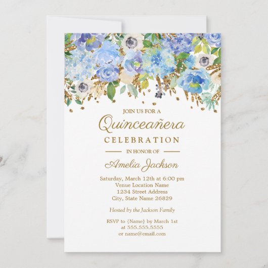 Botanisch Blauw Goud Bloemen Quinceanera Kaart (Voorkant)