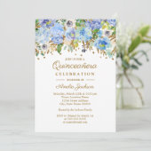 Botanisch Blauw Goud Bloemen Quinceanera Kaart (Staand voorkant)
