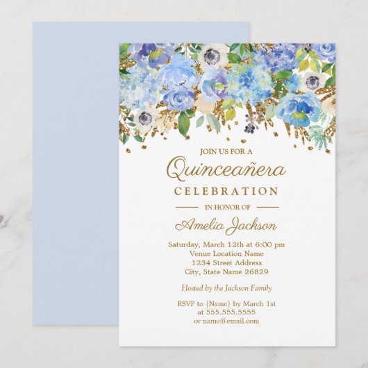 Botanisch Blauw Goud Bloemen Quinceanera Kaart (Voorkant / Achterkant)