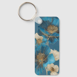 Botanisch Blauw Gouden Lijn Kunst Papaver Bloem Sleutelhanger