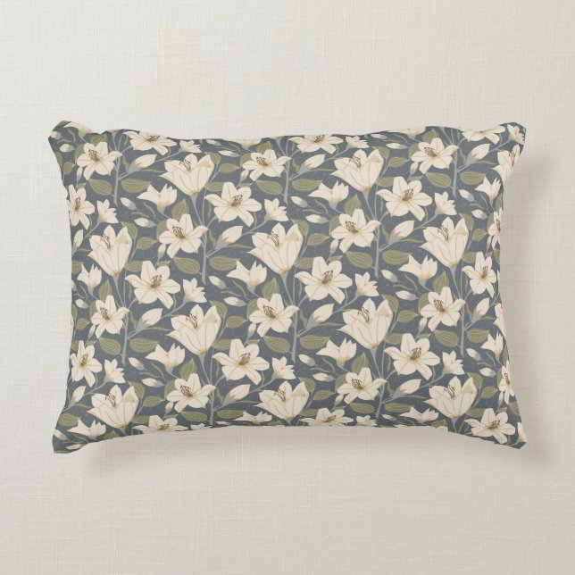 Botanisch Blauw Grijs Beige Lelie Bloemenpatroon Accent Kussen (Voorkant)