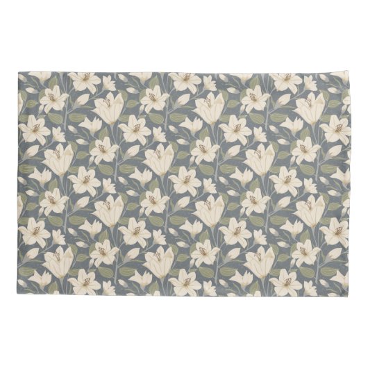 Botanisch Blauw Grijs Beige Lelie Bloemenpatroon Kussensloop (Achterkant-Links)