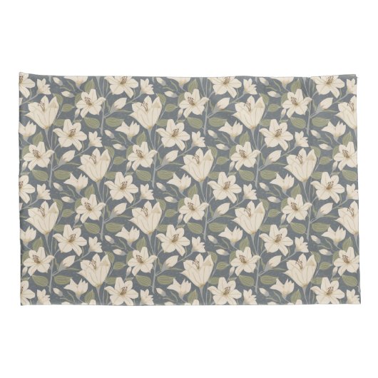 Botanisch Blauw Grijs Beige Lelie Bloemenpatroon Kussensloop (Achterkant-Rechts)