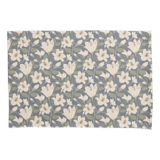 Botanisch Blauw Grijs Beige Lelie Bloemenpatroon Kussensloop (Voorkant-Links)