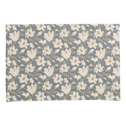 Botanisch Blauw Grijs Beige Lelie Bloemenpatroon Kussensloop (Voorkant-Rechts)