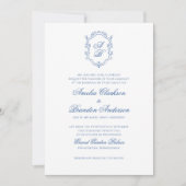 Botanisch Blauw Monogram Crest & Script Wedding Kaart (Voorkant)