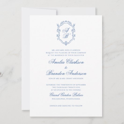 Botanisch Blauw Monogram Crest & Script Wedding Kaart (Voorkant)