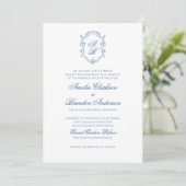 Botanisch Blauw Monogram Crest & Script Wedding Kaart (Staand voorkant)