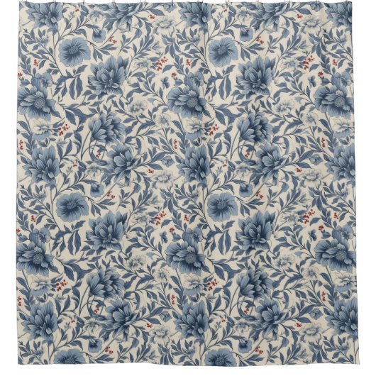 Botanisch Blauw-Rood-Wit Kunstontwerp Douchegordijn (Voorkant)