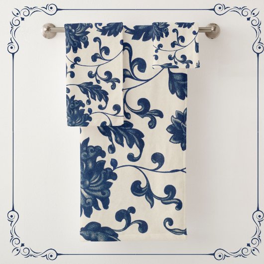 botanisch blauw + wit bloemenmotief bad handdoek