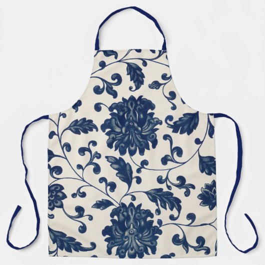 botanisch blauw + wit bloemmotief schort (Voorkant)