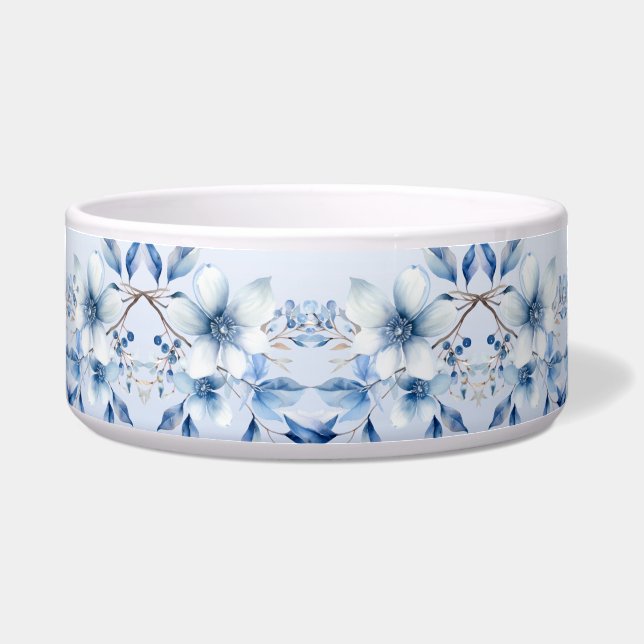 Botanisch Blauwe Bloemen Keramische Pet Bowl Voerbakje (Voorkant)