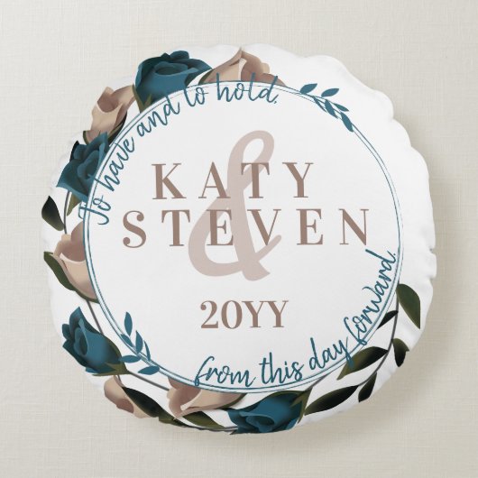  Botanisch Blauwgroen Beige Rozen Vines Bruiloft Rond Kussen (Voorkant)