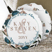  Botanisch Blauwgroen Beige Rozen Vines Bruiloft Rond Kussen